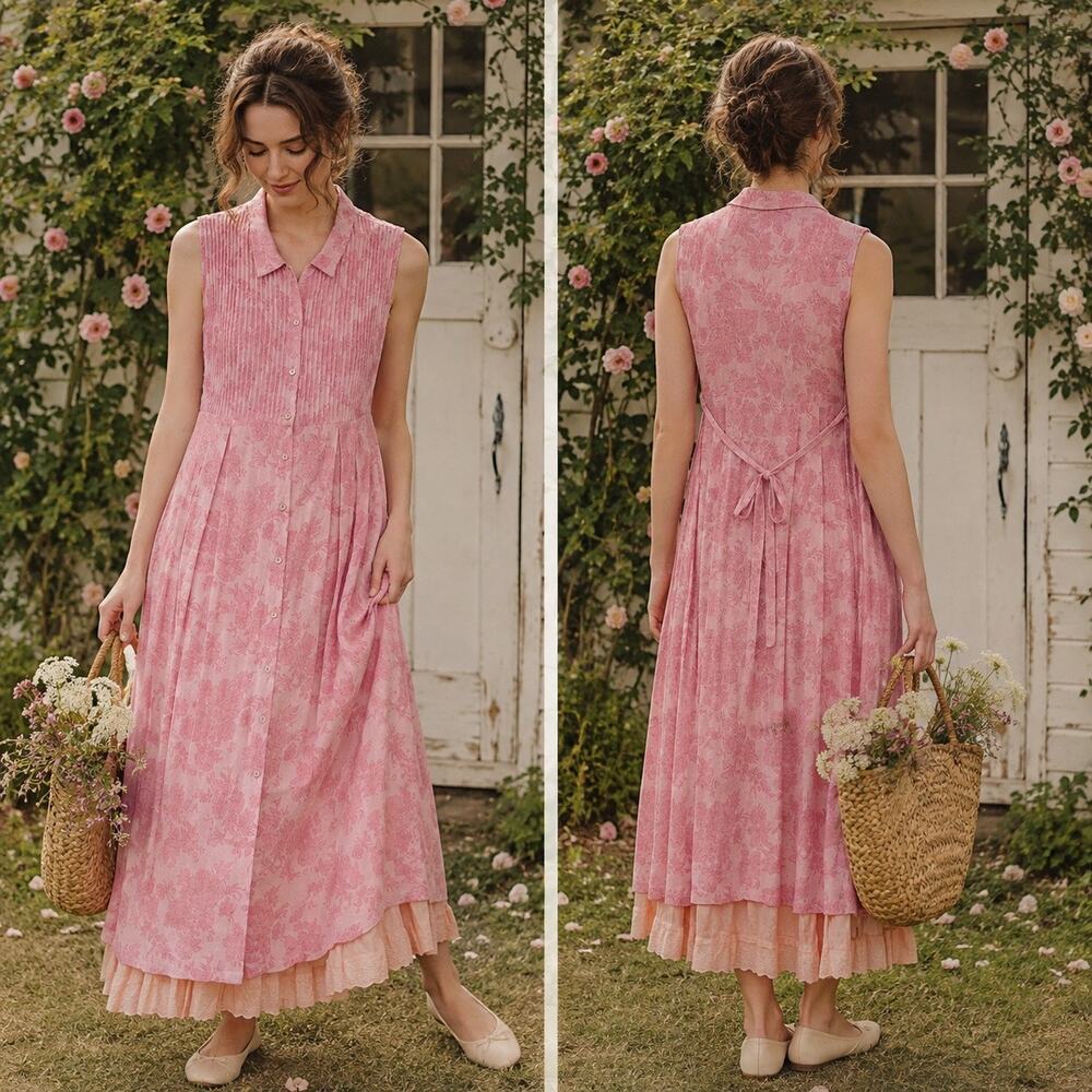 Vintage April Cornell Maxi Pink Floral Sleeveless Shirt Dress MED Cottage Barbie